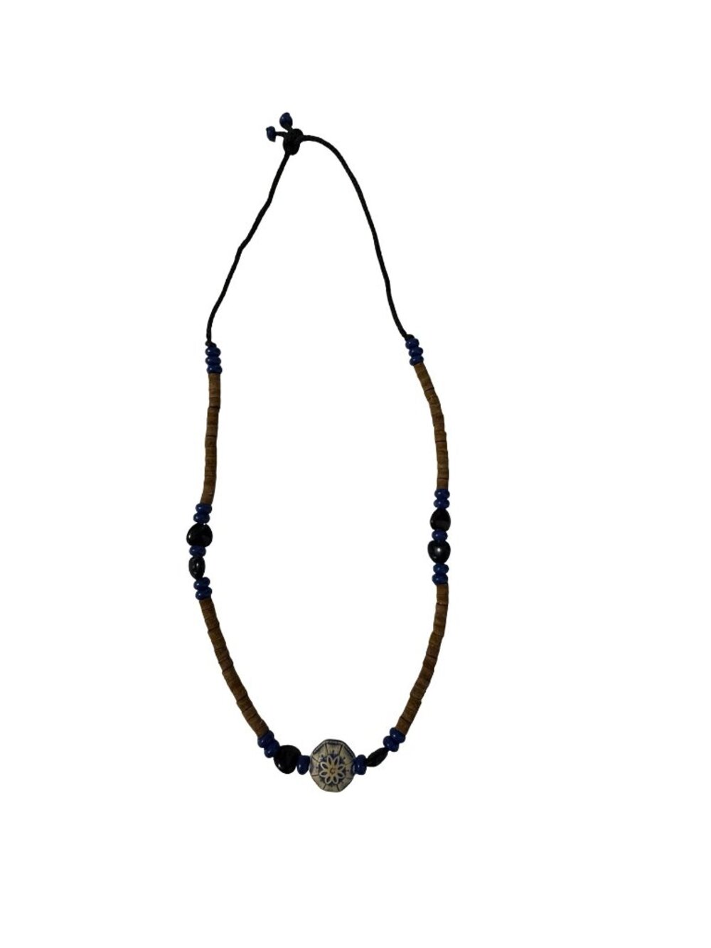 18” Boho Beaded Necklace Blue Brown Artisan Adjustable Cord Ethnic Tribal Style